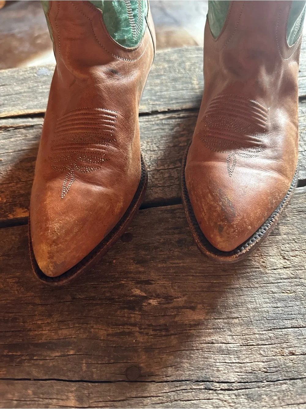 Larry Mahan Two-Tone Brown Foot with Green Shaft Western Boots